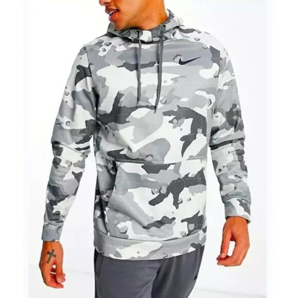 Nike Training Therma Fit Snow Gray Camo Print Hoodie Sz Sm Kangaroo Pocket - Picture 1 of 12